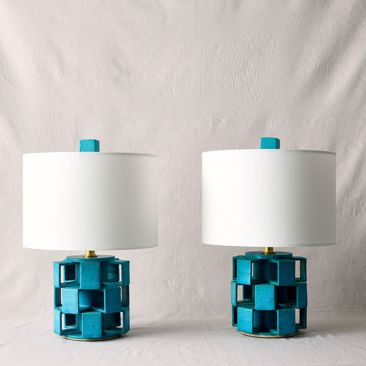 Mini Cube Stoneware Lamp in Turquoise | Warner Walcott