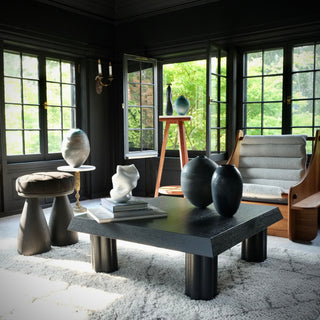 Handmade sculptural ceramic vessel from the Earth, Moon, Magma Collection by EBW Ceramics with textured volcanic glaze and organic form