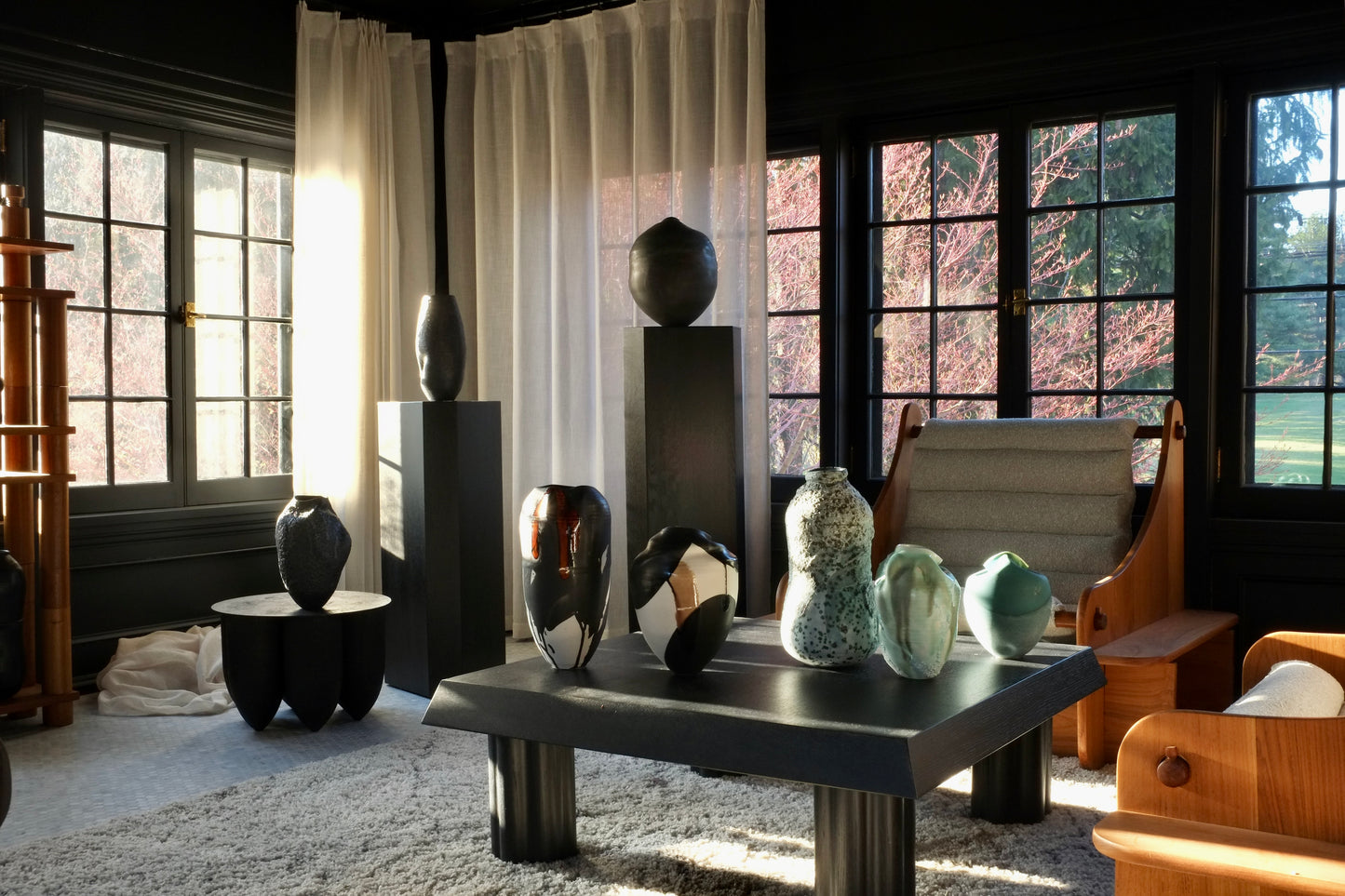 Modern interior with vases on a table