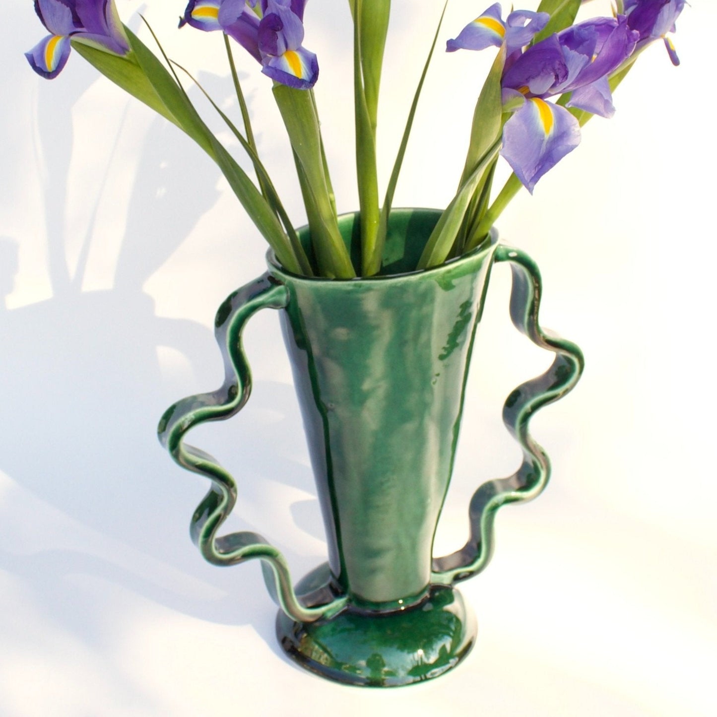 Stretch  ceramic Vase | Morgan Peck in Green with wavy handles 
