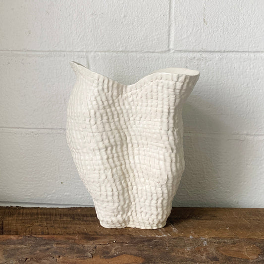 white textured ceramic vessel by Sarah Mijares Fick 