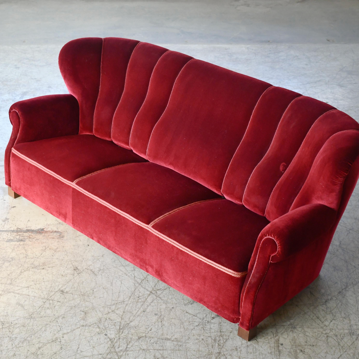 Rare Fritz Hansen Danish Club Sofa in Red Mohair, 1940s