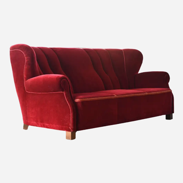 Rare Fritz Hansen Danish Club Sofa in Red Mohair, 1940s