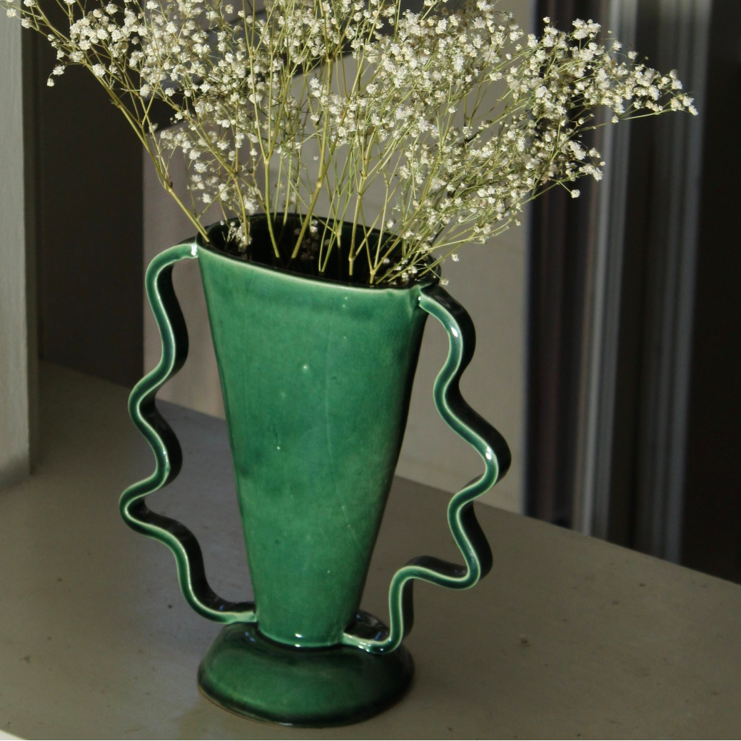 Morgan Peck green stretch  ceramic vase with wavy handles 