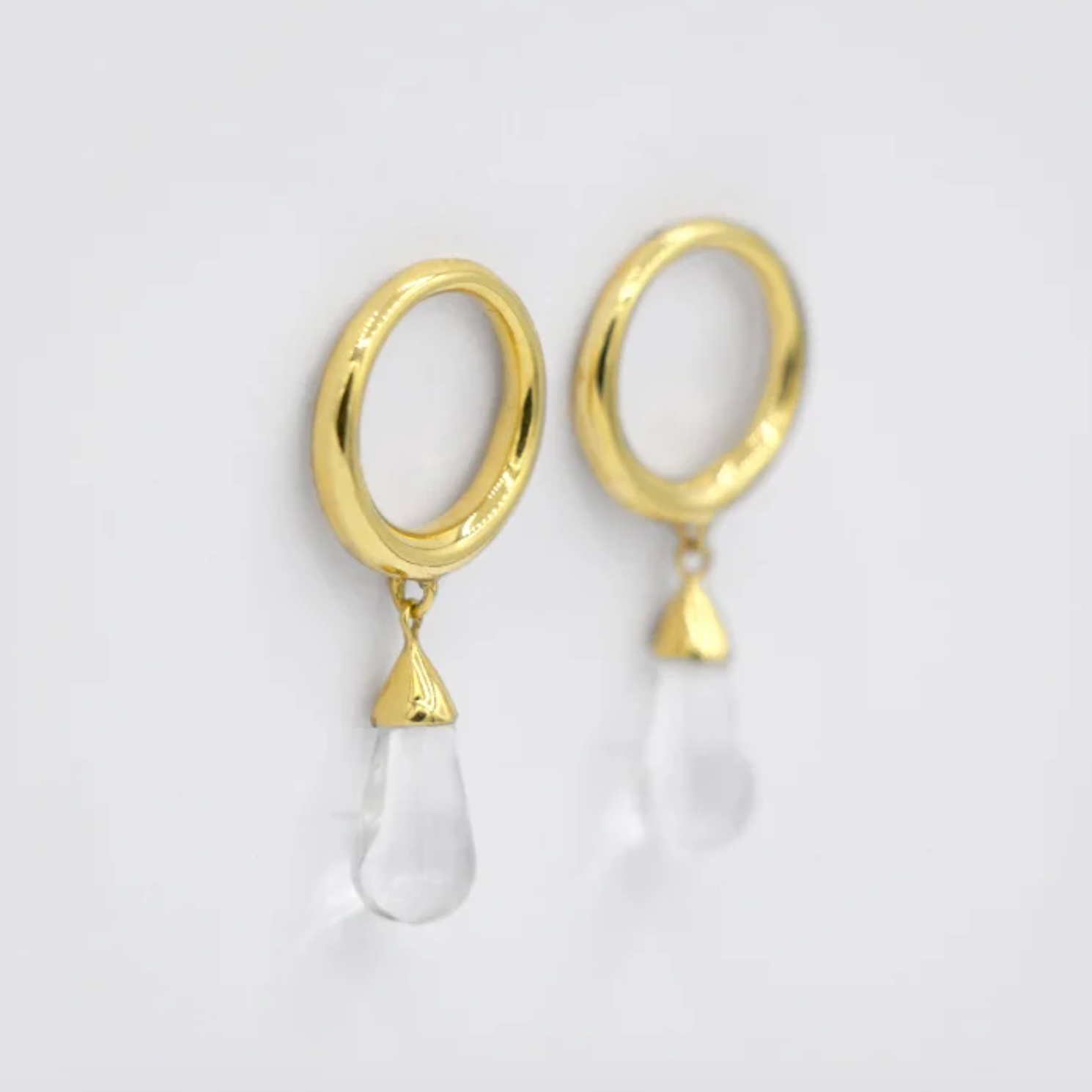 18K gold vermeil tear drop earrings with crystal quartz by Luz Ortiz New York