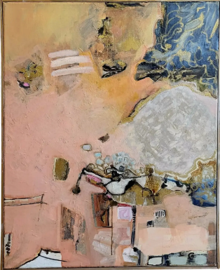 An abstract oil on canvas painting featuring a textured composition of dusty pink, ochre yellow, slate blue, and gray tones with organic and geometric marks.